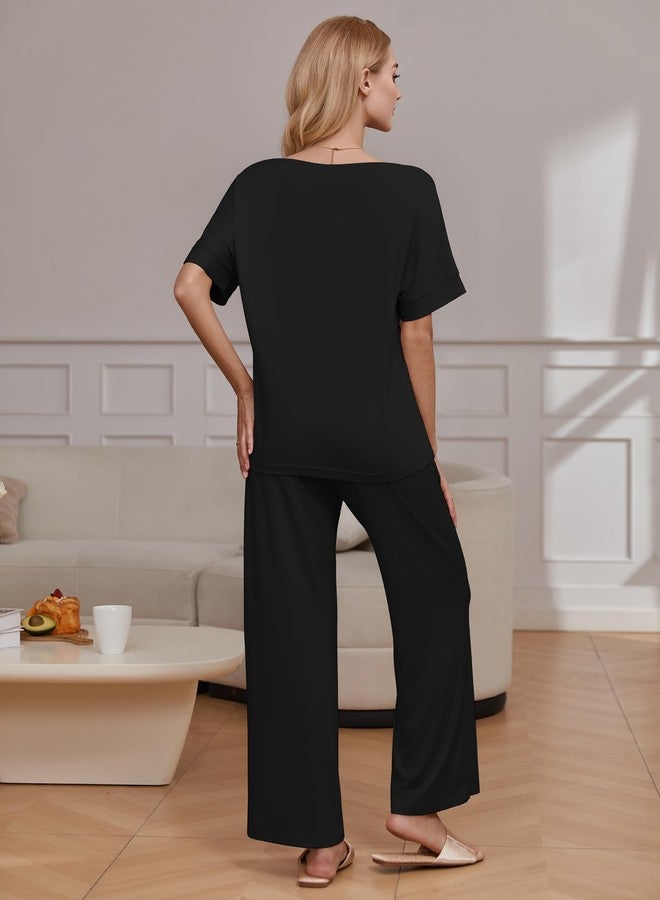 Ekouaer Lounge Sets for Women Short Sleeve Tops and Long Pants Soft Comfy Pajama Sets 2 Piece Outfits Tracksuit,Black,M - Image 2